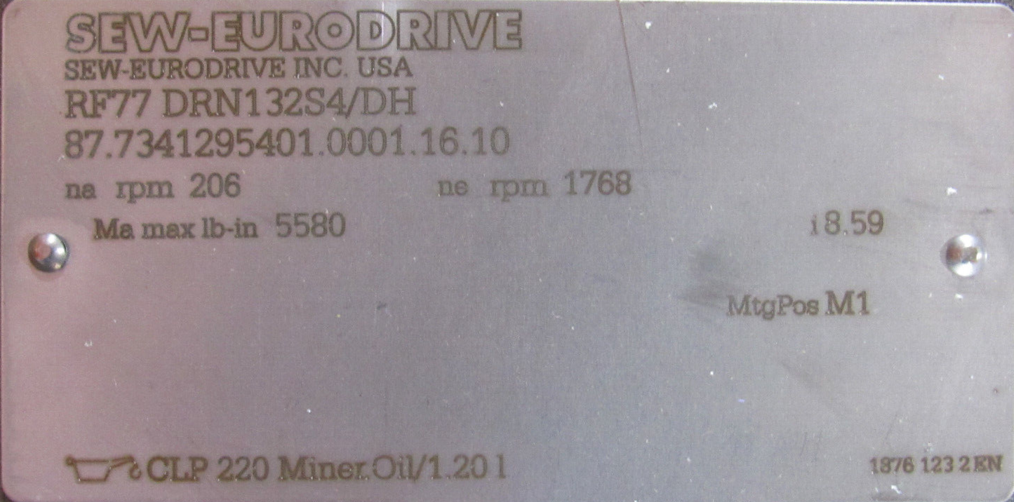 NEW SEW EURODRIVE RF77 DRN132S4/DH GEAR MOTOR 230/460V 7.5HP