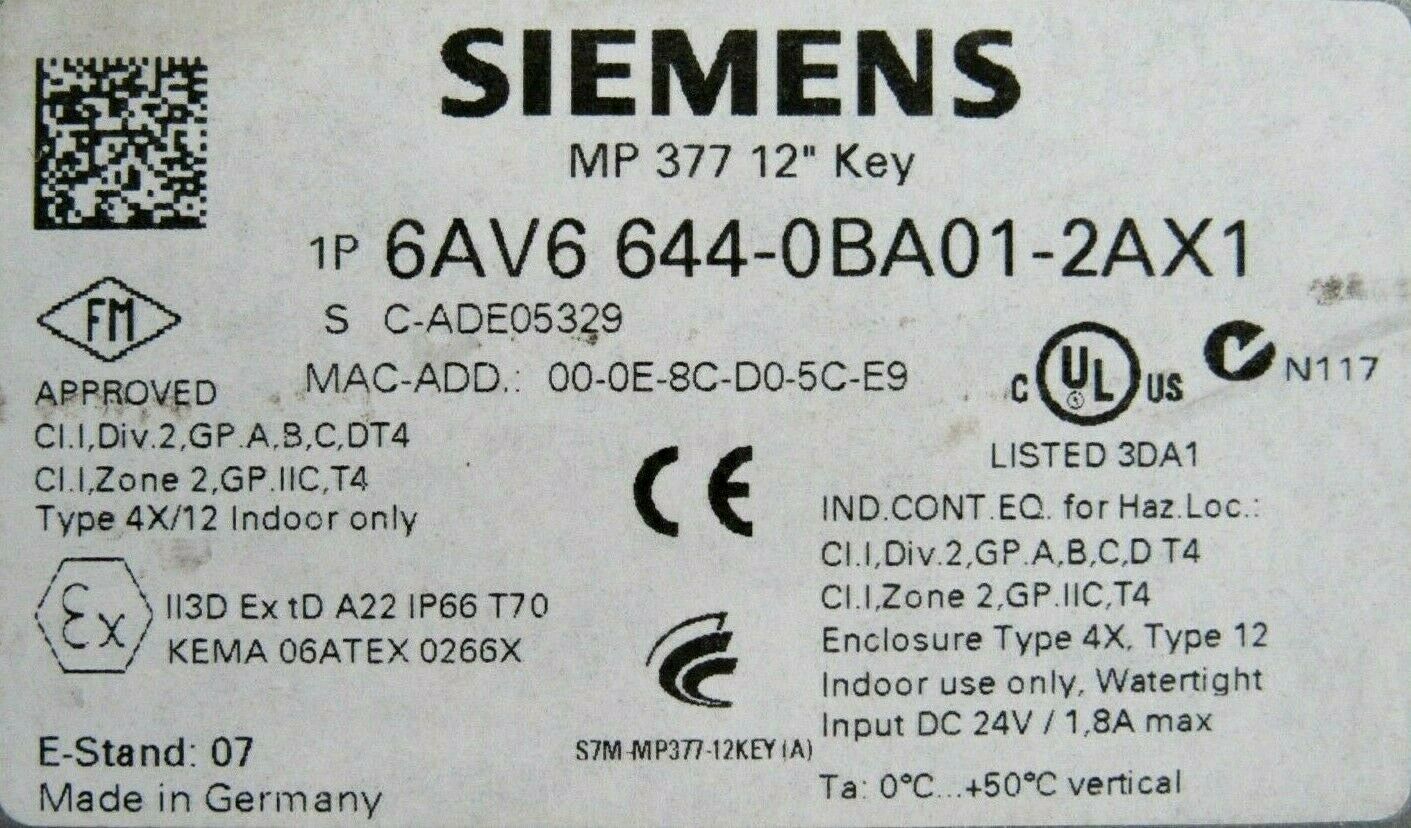 USED SIEMENS 6AV6 644-0BA01-2AX1 OPERATOR INTERFACE MP 377 12" 6AV66440BA012AX1 - Image 5
