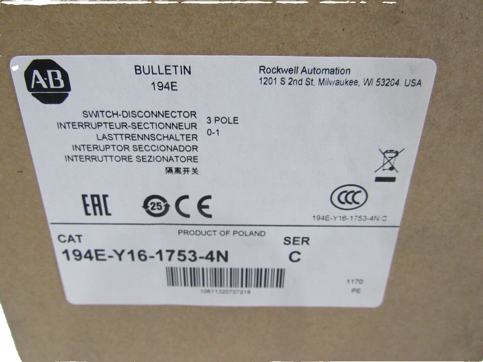 ALLEN BRADLEY 194E-Y16-1753-4N DISCONNECTOR SWITCH 194EY1617534N NEW, SURPLUS - Image 3