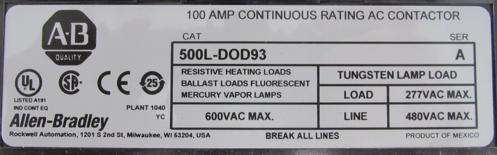 ALLEN BRADLEY 500L-DOD93 LIGHTING CONTACTOR SER.A 500LDOD93 NEW SURPLUS - Image 5