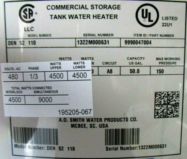 NEW AO SMITH DEN52-110 COMMERCIAL WATER HEATER 50 GAL 480V 9990047004 DEN52110 - Image 4
