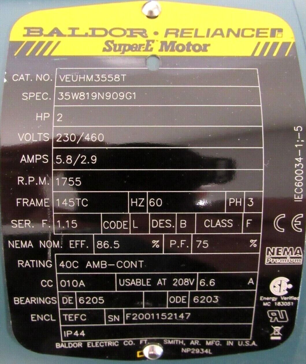 NEW BALDOR VEUHM3558T MOTOR 2HP 230/460V 1755 RPM 145TC - Image 5