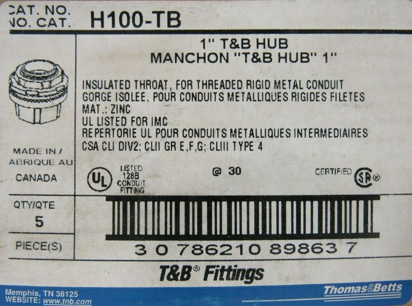 NEW LOT OF 5 BOX  T&B THOMAS & BETTS MANCHON HUB H100-TB 1" CSW