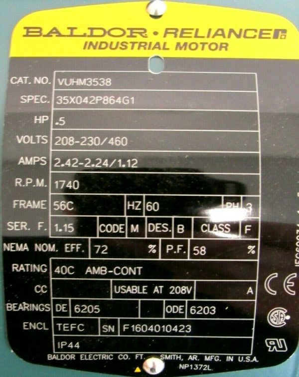 NEW BALDOR VUHM3538 MOTOR .5HP 208-230/460V 1740RPM 35X042P864G1 5/8" DIA. - Image 4