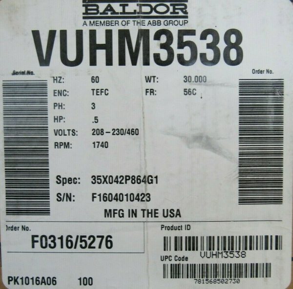 NEW BALDOR VUHM3538 MOTOR .5HP 208-230/460V 1740RPM 35X042P864G1 5/8" DIA. - Image 5
