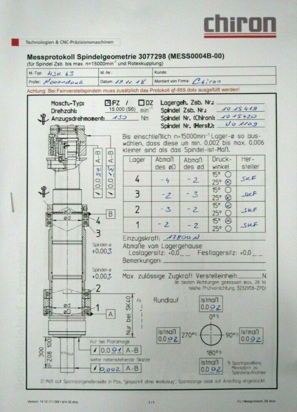 NEW CHIRON 1015419 SPINDLE ASSEMBLY 1010/183A2 2000950 HSK-A63 B05730045005 - Image 6