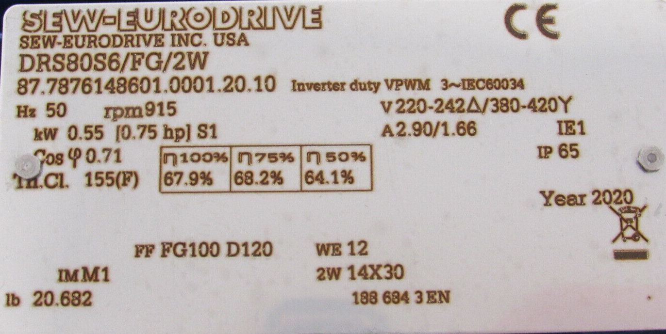 NEW SEW EURODRIVE DRS80S6/FG/2W GEAR MOTOR DRS80S6FG2W - Image 4