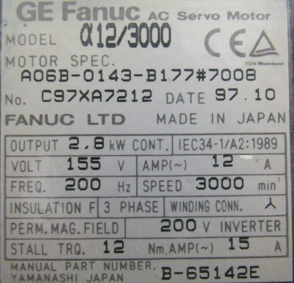 USED FANUC A06B-0143-B177#7008 SERVO MOTOR X12/3000 A06B0143B1777008 - Image 5