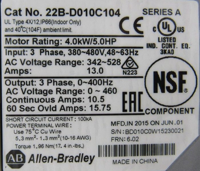 NEW ALLEN BRADLEY 22B-D010C104 POWERFLEX 40 DRIVE 22BD010C104 4.0KW 5HP SERIES A - Image 5