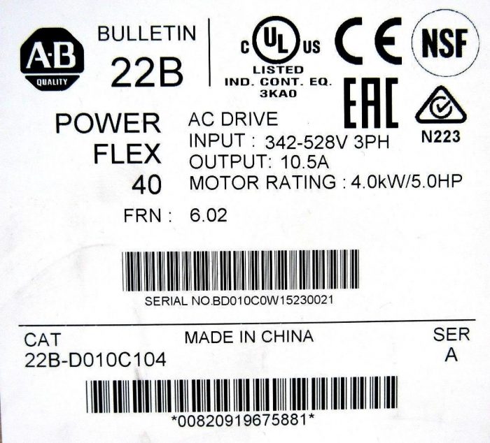 NEW ALLEN BRADLEY 22B-D010C104 POWERFLEX 40 DRIVE 22BD010C104 4.0KW 5HP SERIES A - Image 6