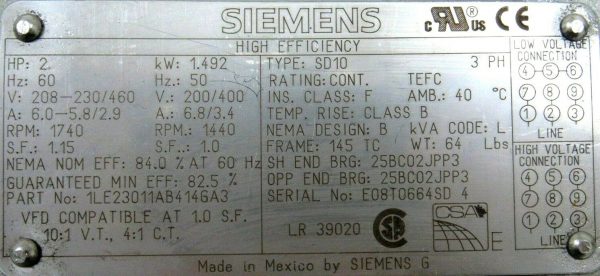 NEW SIEMENS 1LE23011AB414GA3 MOTOR TYPE SD10 2HP 1800RPM 208-230-460V 3PH - Image 5