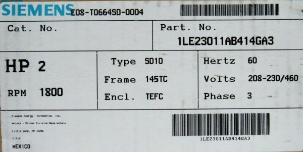NEW SIEMENS 1LE23011AB414GA3 MOTOR TYPE SD10 2HP 1800RPM 208-230-460V 3PH - Image 6