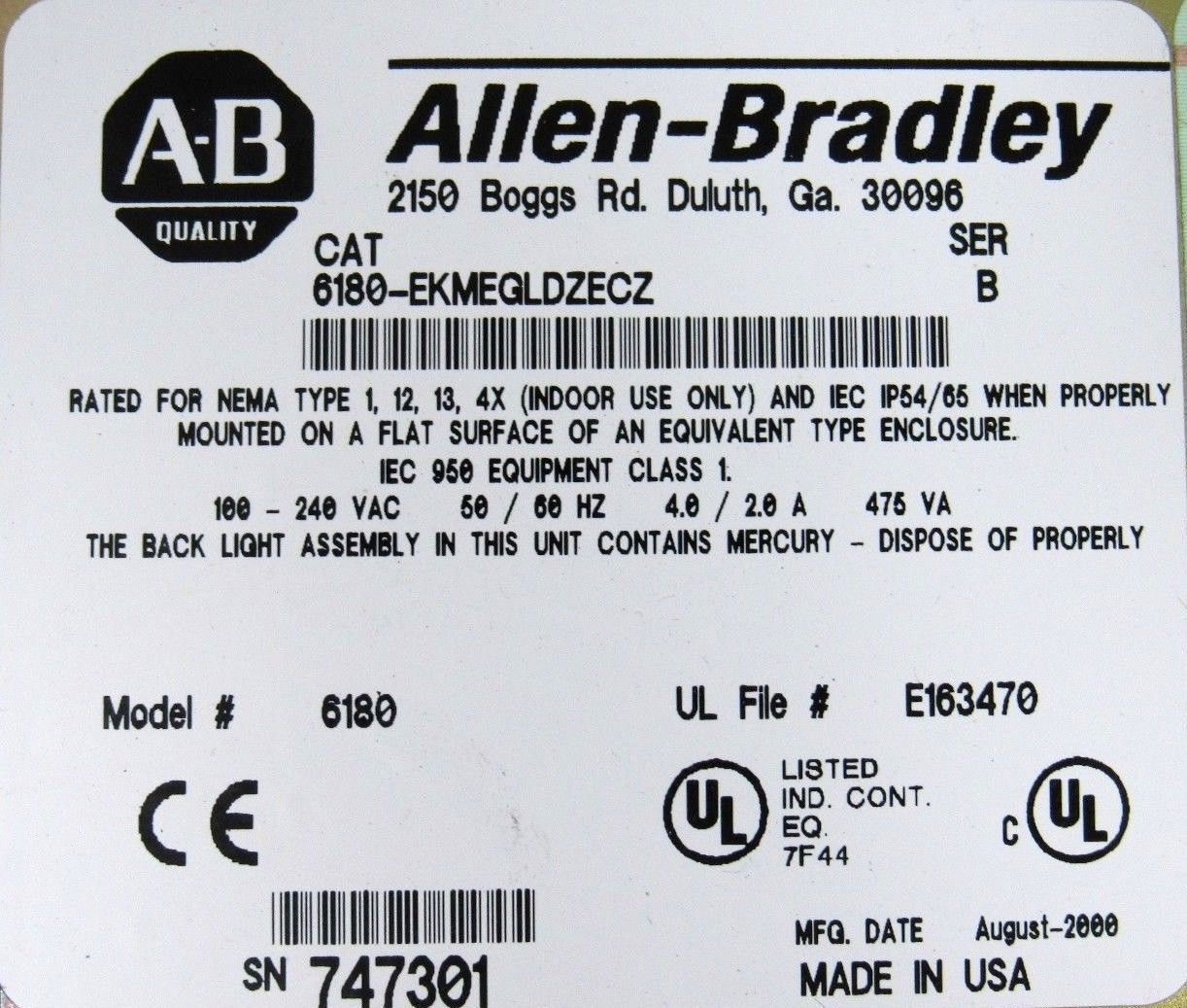 USED ALLEN BRADLEY 6180-EKMEGLDZECZ INDUSTRIAL COMPUTER 6180EKMEGLDZECZ ...