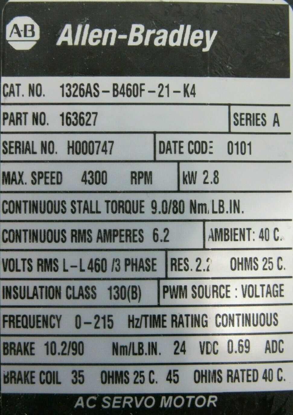 NEW ALLEN BRADLEY 1326AS-B460F-21-K4 SERVO MOTOR 1326ASB460F21K4 SER.A 163627 - Image 4