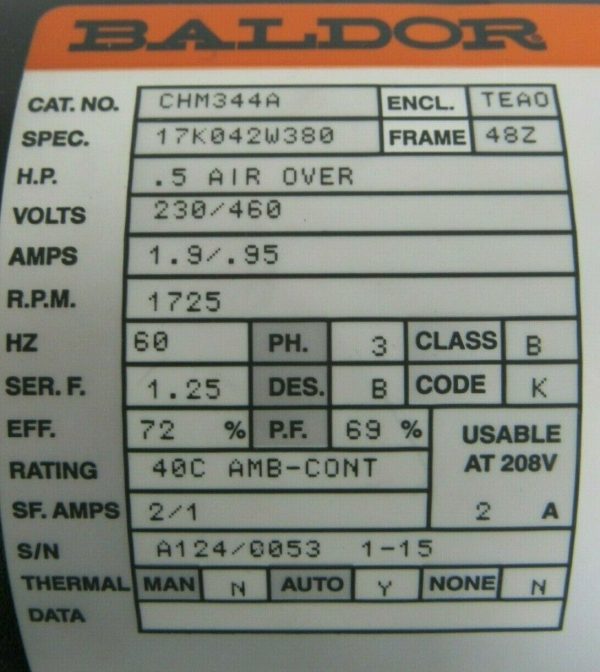 NEW BALDOR CHM344A MOTOR .5HP AIR OVER 230/460V 1725RPM 1/2" DIA. 17K042W380 - Image 4
