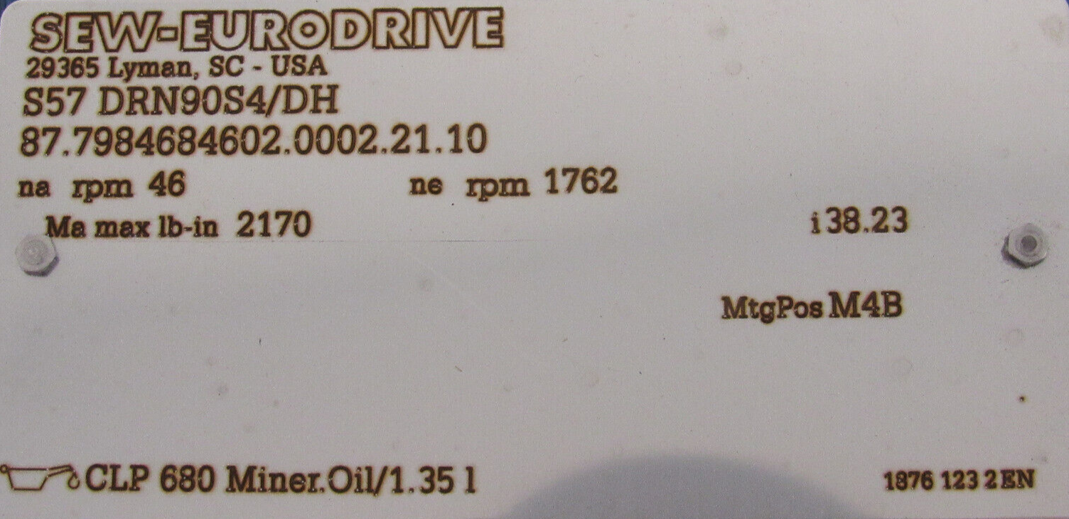 NEW SEW EURODRIVE S57 DRN90S4/DH GEAR MOTOR 38.23:1 1.5HP 230/460V ...