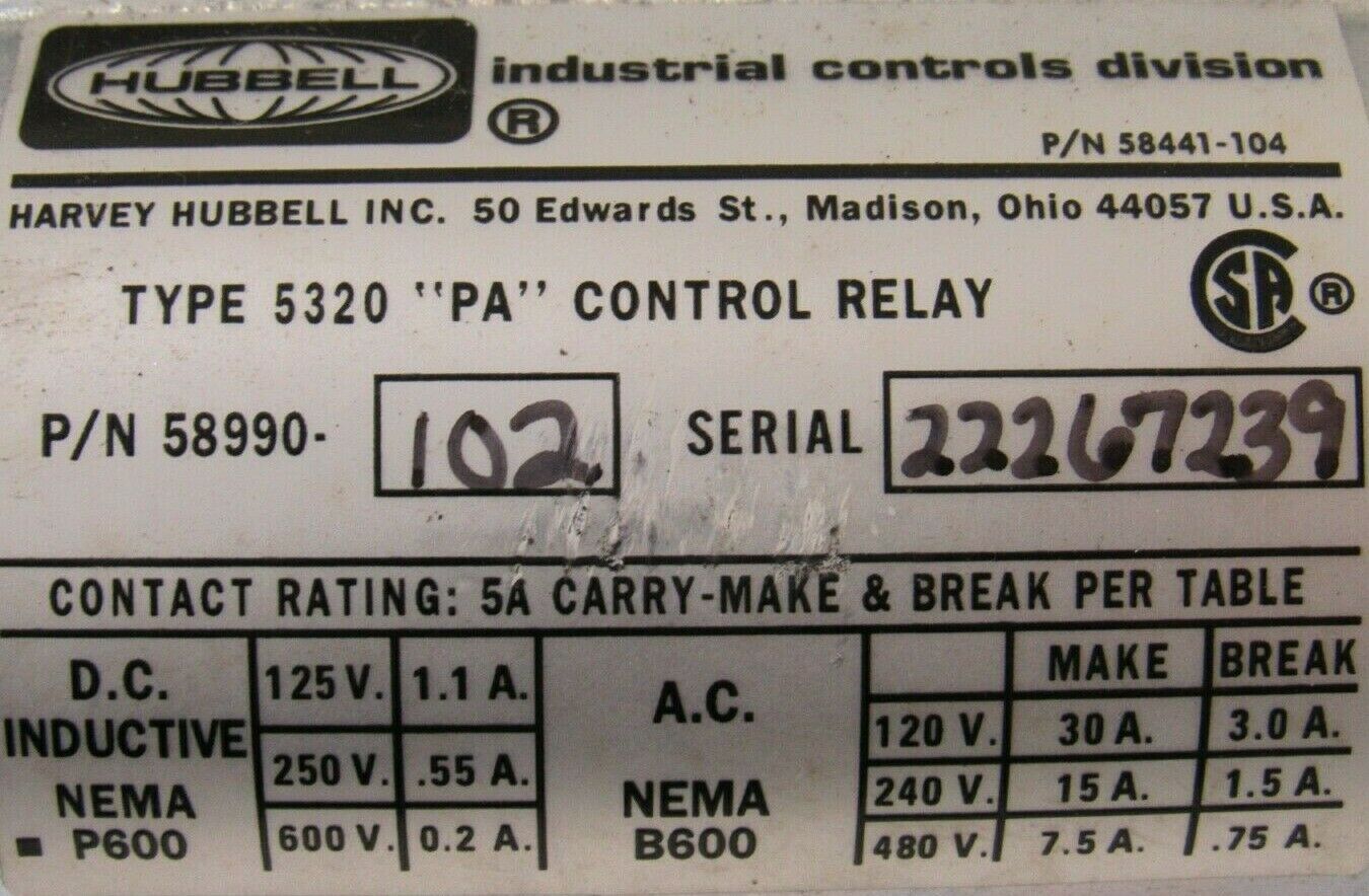 Hubbell 5320 Type PA AC DC Control Relay p/n 58441-104 58990 105 