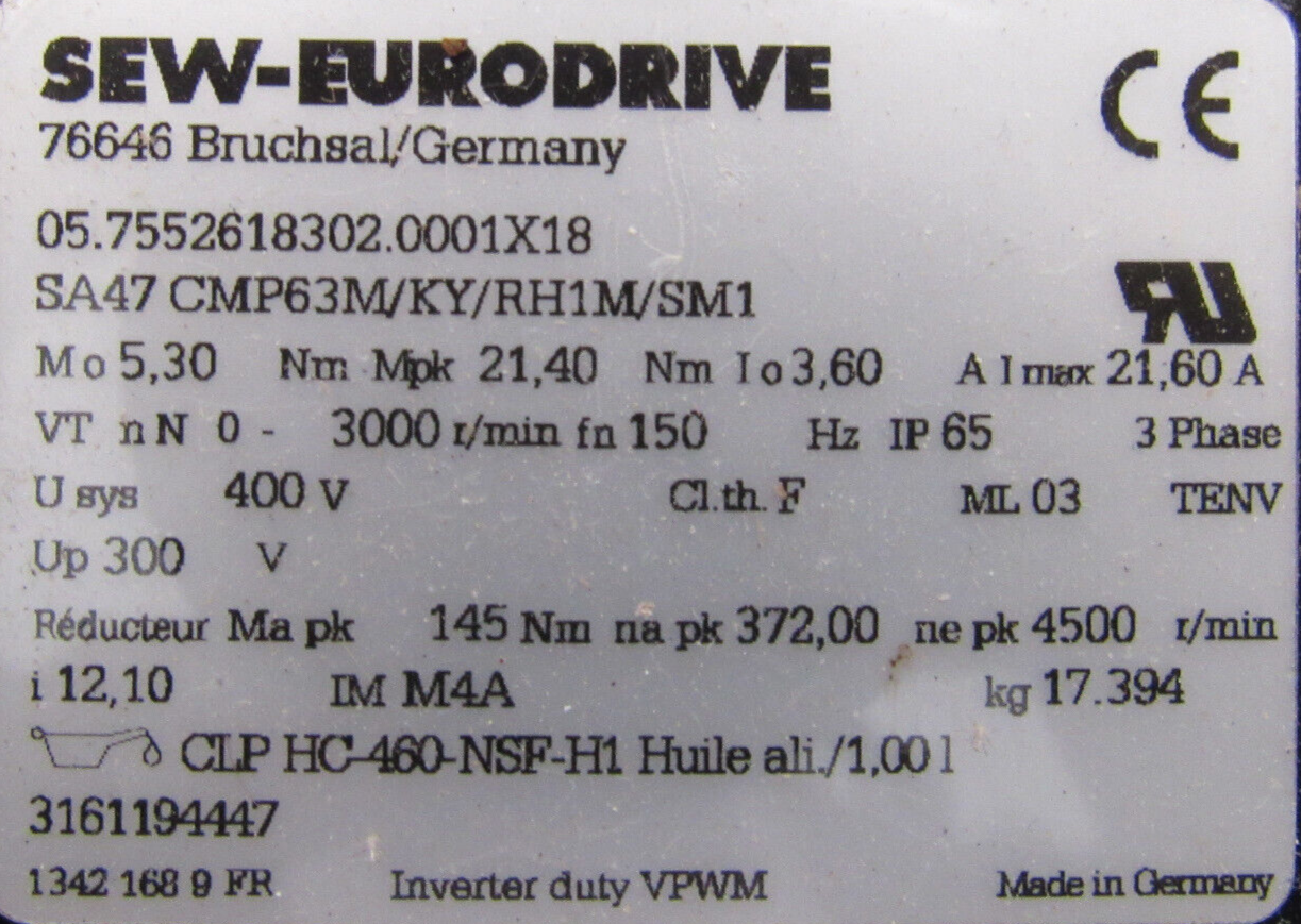 NEW SEW EURODRIVE SA47 CMP63M/KY/RH1M/SM1 GEARMOTOR SA47CMP63MKYRH1MSM1 - Image 4