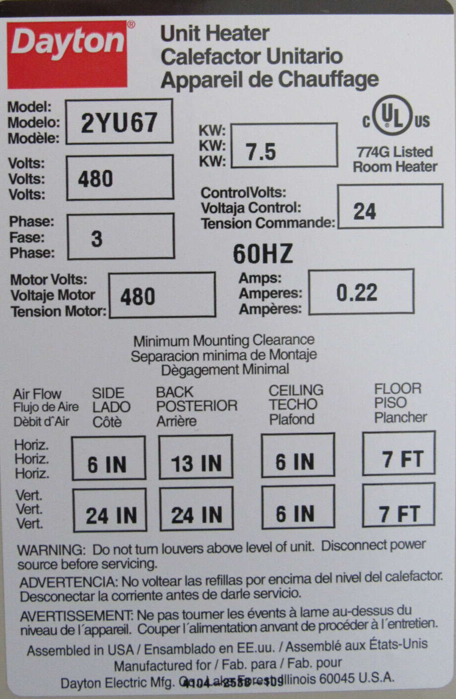 NEW DAYTON 2YU67 ELECTRIC UTILITY HEATER 480V 7.5KW 3PH - Image 4