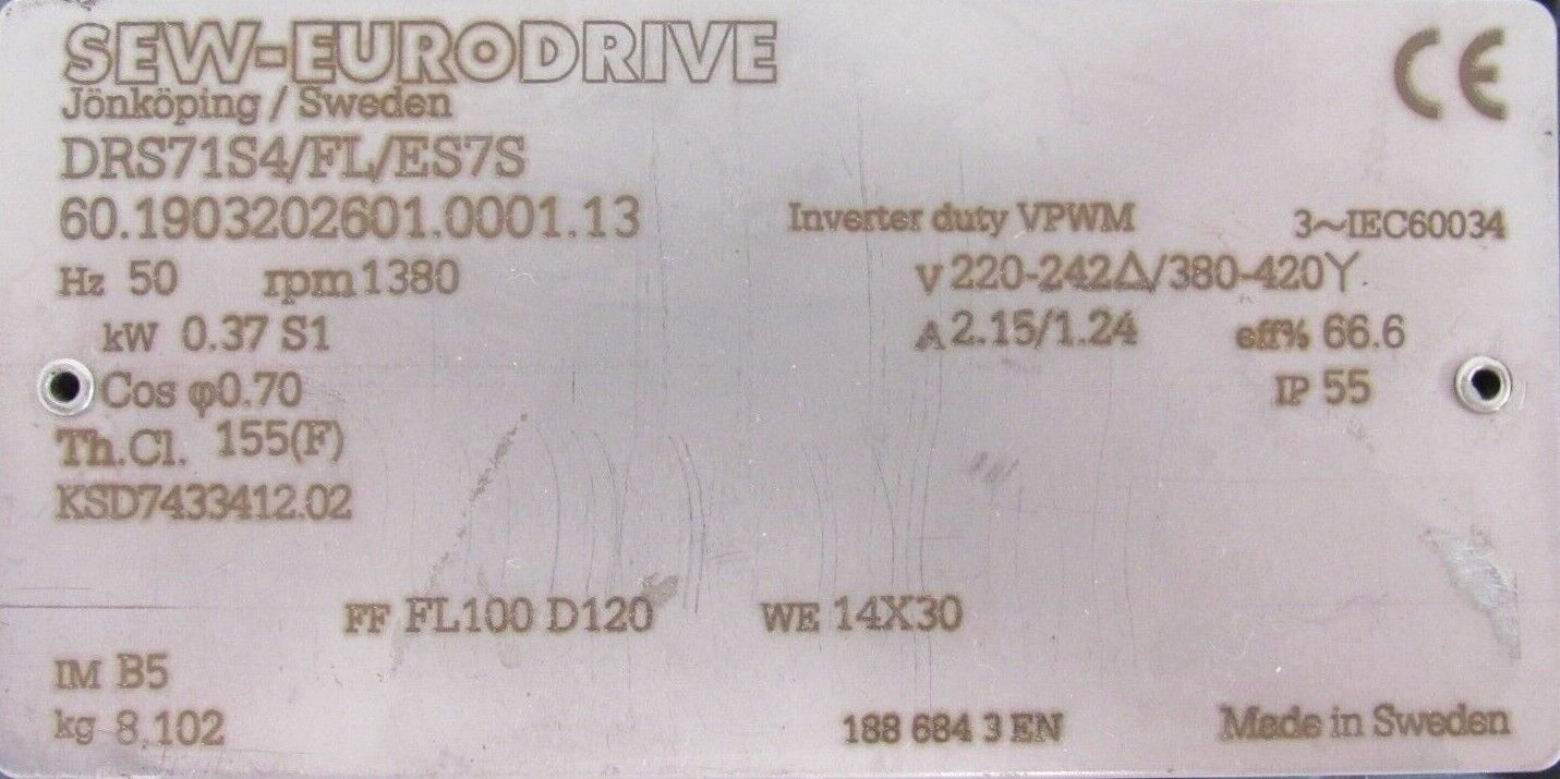 NEW SEW EURODRIVE DRS71S4/FL/ES7S MOTOR 220/242-420V DRS71S4FLES7S - Image 4