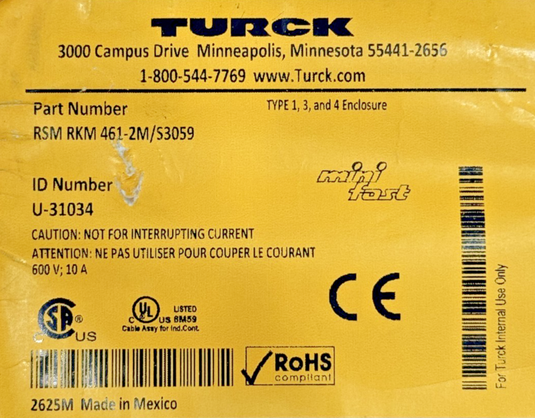 NEW TURCK MOLDED CORDSET CABLE RSM RKM 461-2M/S3059 U-31034 RSMRKM4612MS3059 - Image 5