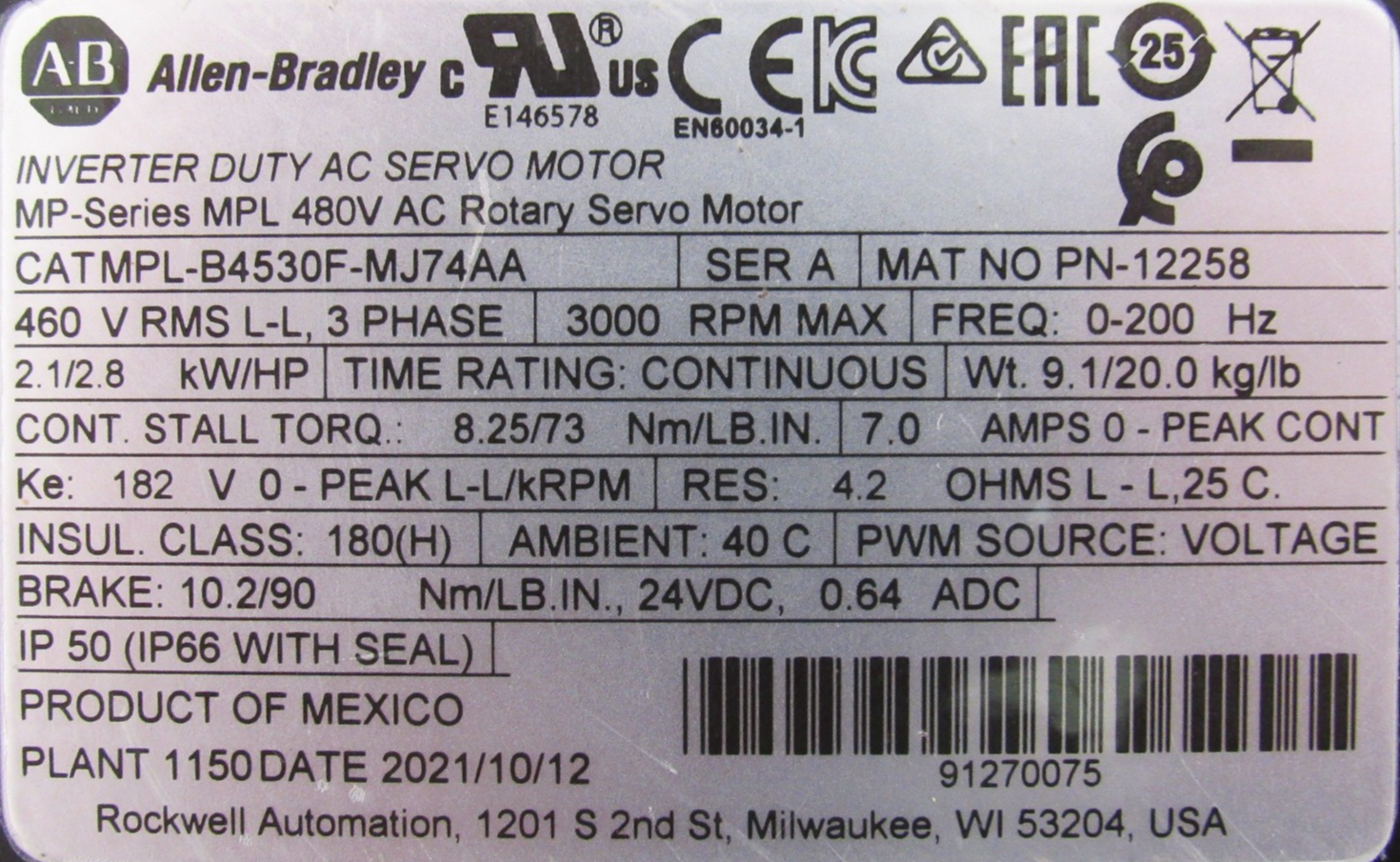 ALLEN BRADLEY MPL-B4530F-MJ74AA SERVO MOTOR SER.A MPLB4530FMJ74AA (NEW ...