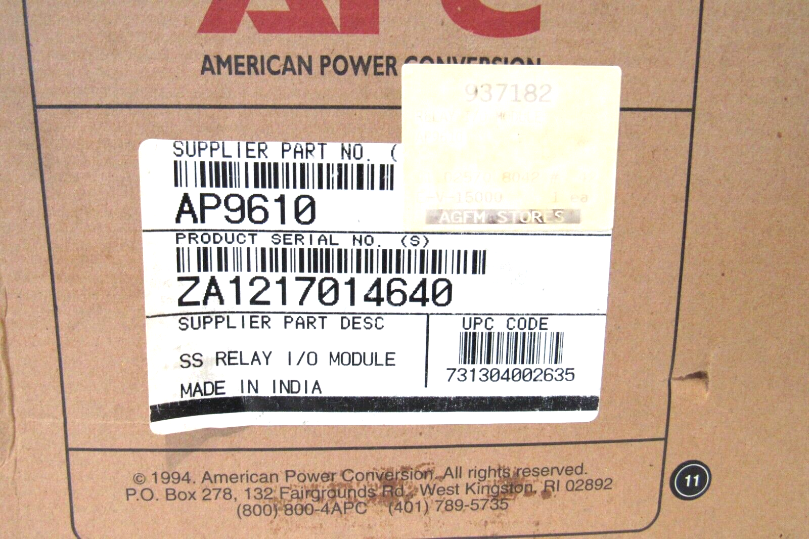 NEW APC AP9610 I/O RELAY MODULE - SB Industrial Supply, Inc.