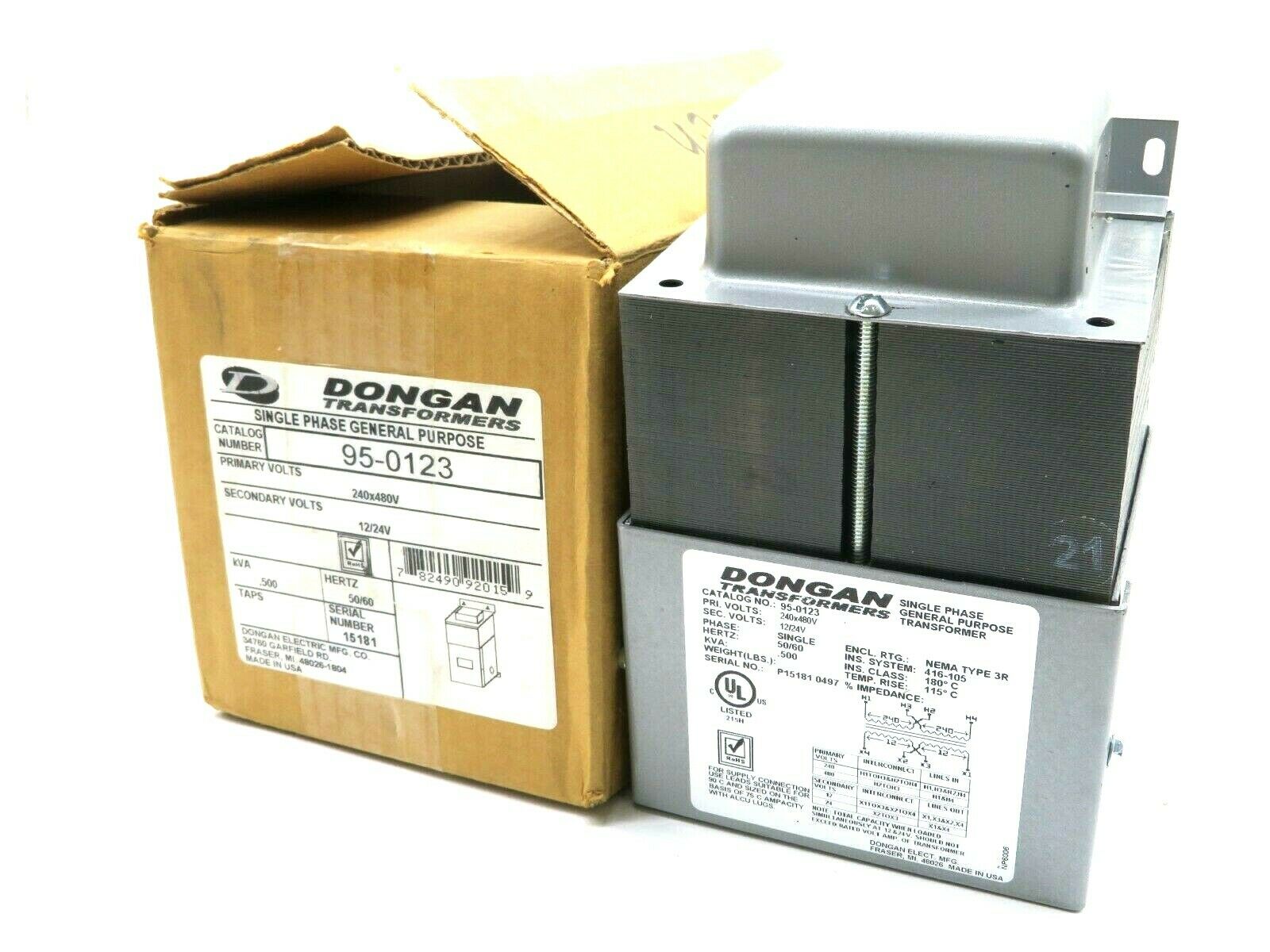 NEW DONGAN 95-0123 SINGLE PHASE TRANSFORMER 950123 TYPE 3R 240X480V 12/24V  – SB Industrial Supply, Inc.