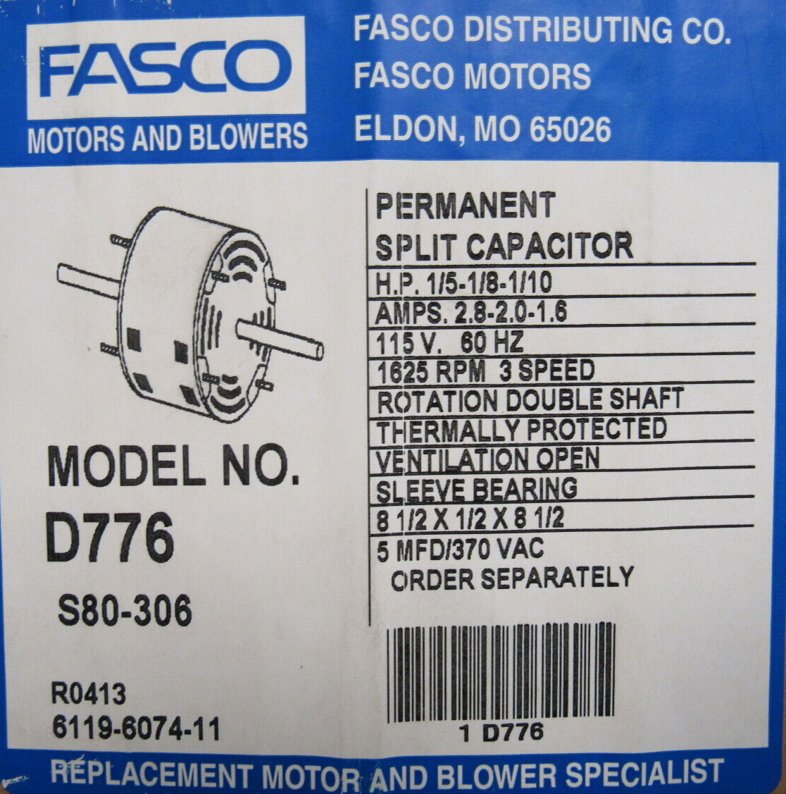 NEW FASCO D776 MOTOR 1/5-8-10HP 115V 1625RPM 3-SPEED MT - SB Industrial ...