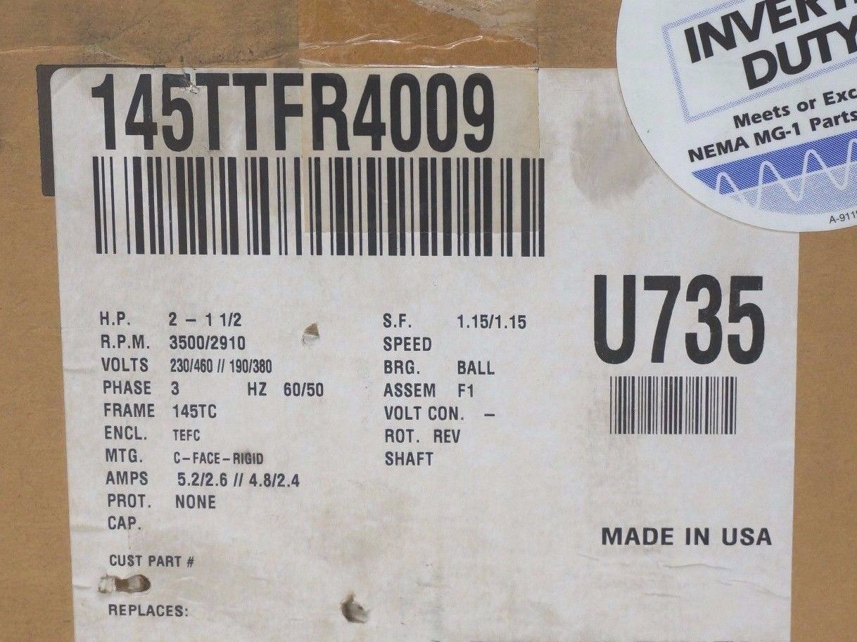 NEW MARATHON ELECTRIC 145TTFR4009 MOTOR U735, 2HP - Image 3