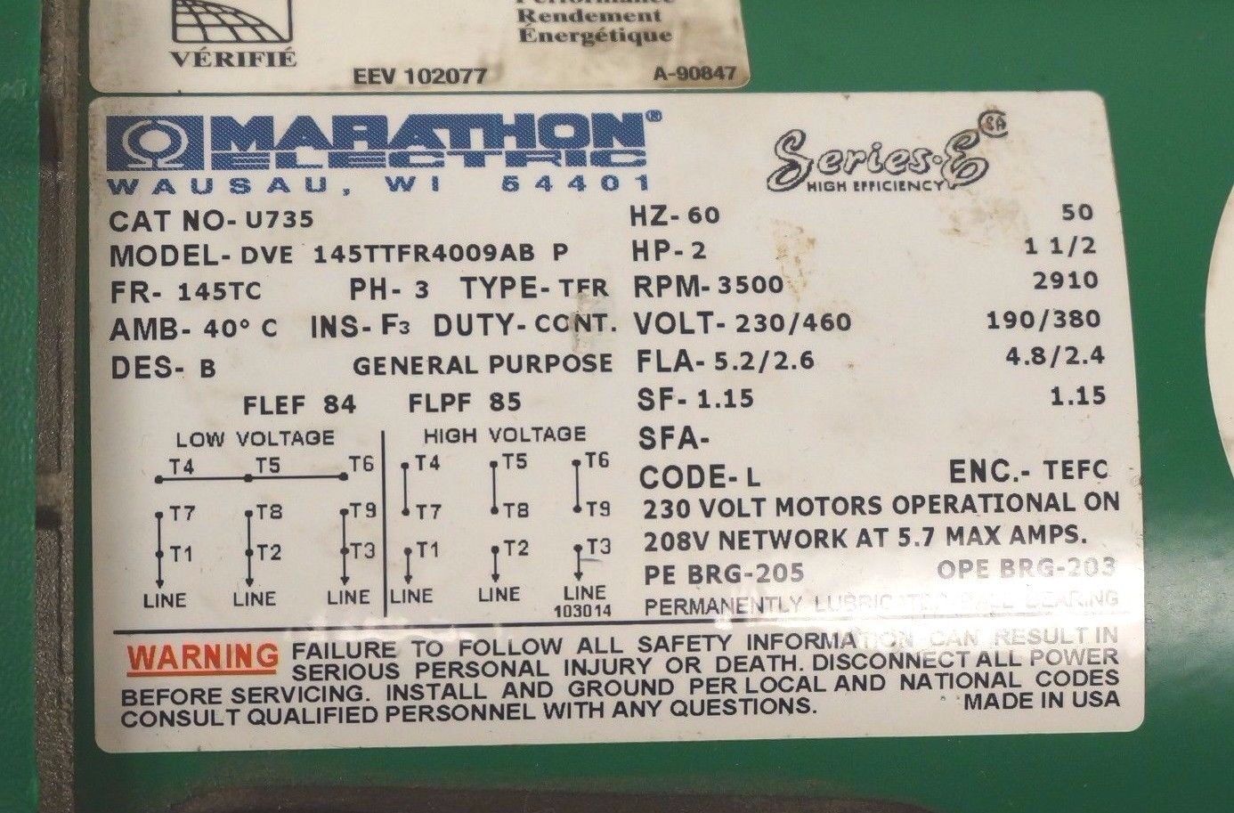 NEW MARATHON ELECTRIC 145TTFR4009 MOTOR U735, 2HP - Image 5