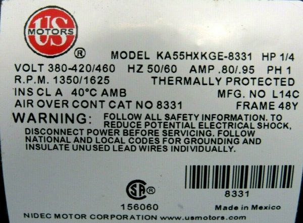 NEW US MOTORS KA55HXKGE-8331 FAN MOTOR 1/4HP 380/420/460V 1350/1625 8331 - Image 4
