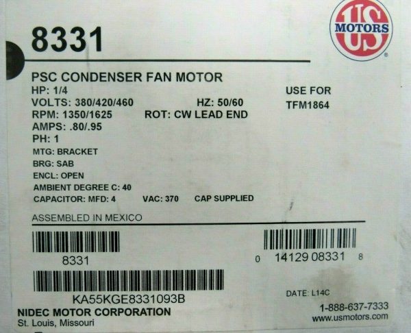 NEW US MOTORS KA55HXKGE-8331 FAN MOTOR 1/4HP 380/420/460V 1350/1625 8331 - Image 5