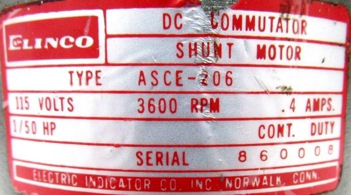 USED ELINCO ASCE-206 SHUNT MOTOR 3600 RPM 115V 1/50 HP ASCE206 - Image 5